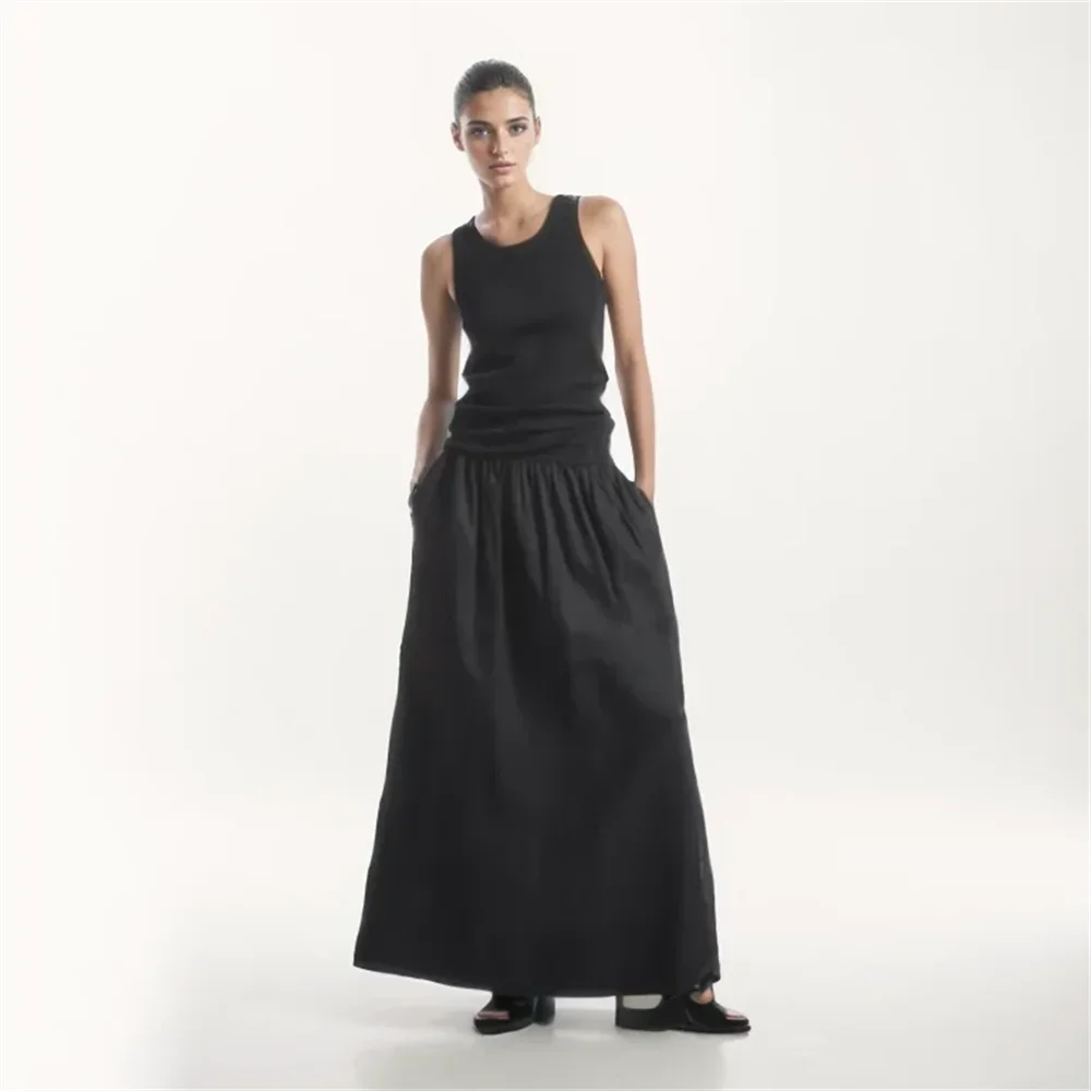 Cos Lris 2024 Summer New Product Women\'s Versatile Casual Elastic Waist Black A-line Skirt Half skirt