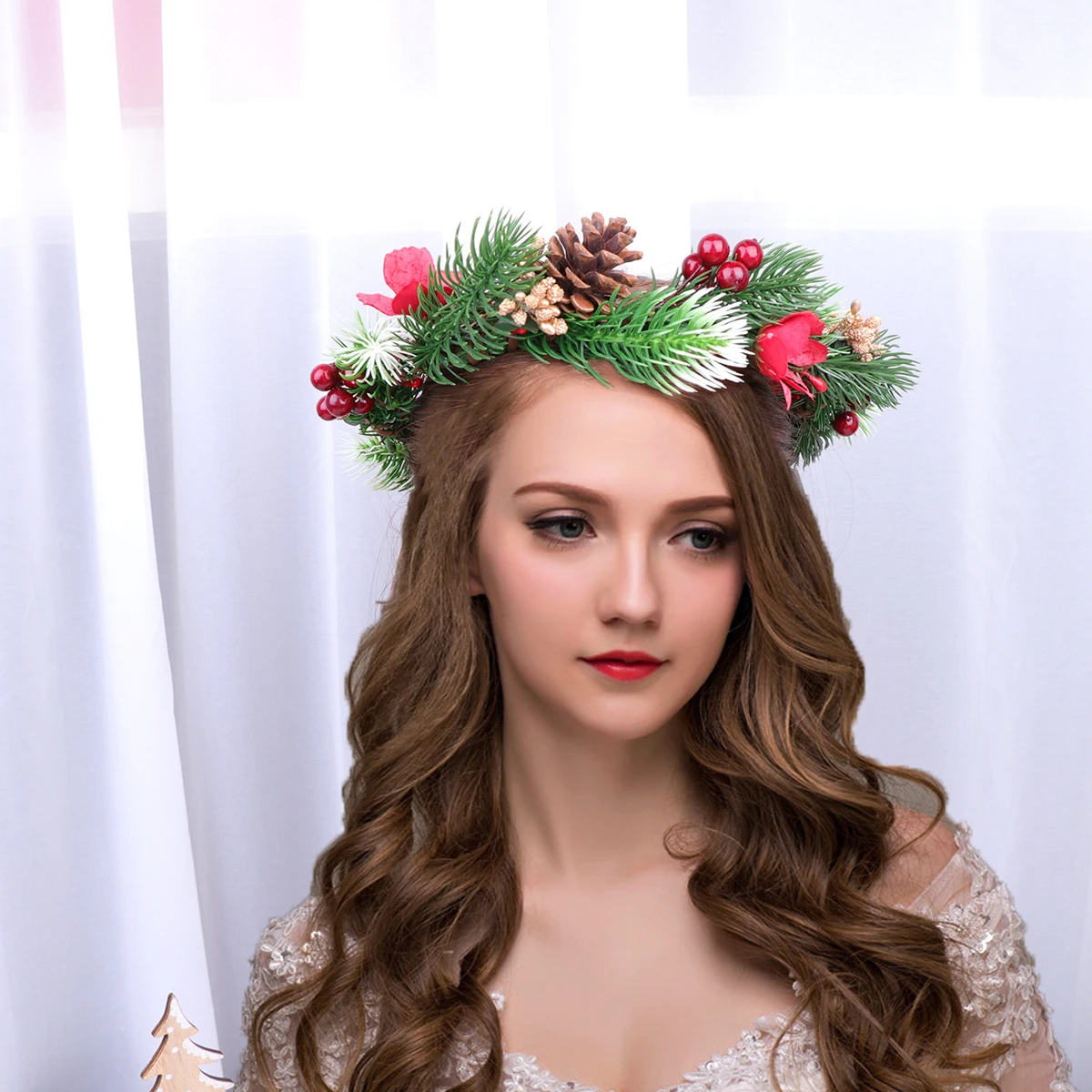 

Adjustable Christmas Wreath Headband Cloth Bridal Pine Cone Leaf Hairband Wedding Photo Prop Travel Costume