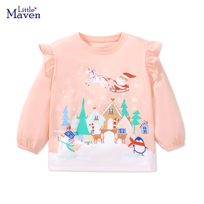 Little maven Clothes for Girls Fashion Tops  Cartoon Christmas Santa Claus Snow Man T-shirt Cotton  for Kids Girls 2-7 year