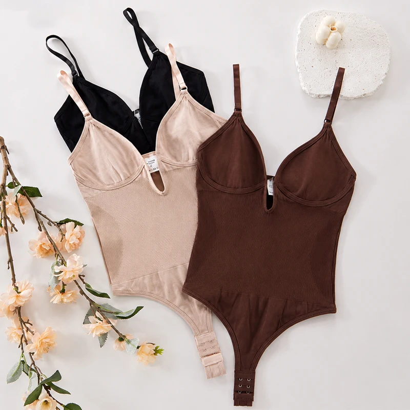 Women's Seamless Shapewear Backless Bodysuit Deep V Tummy Control Thong Body Shaper Slimming Push Up Camisole Full Body Shaper view 6
