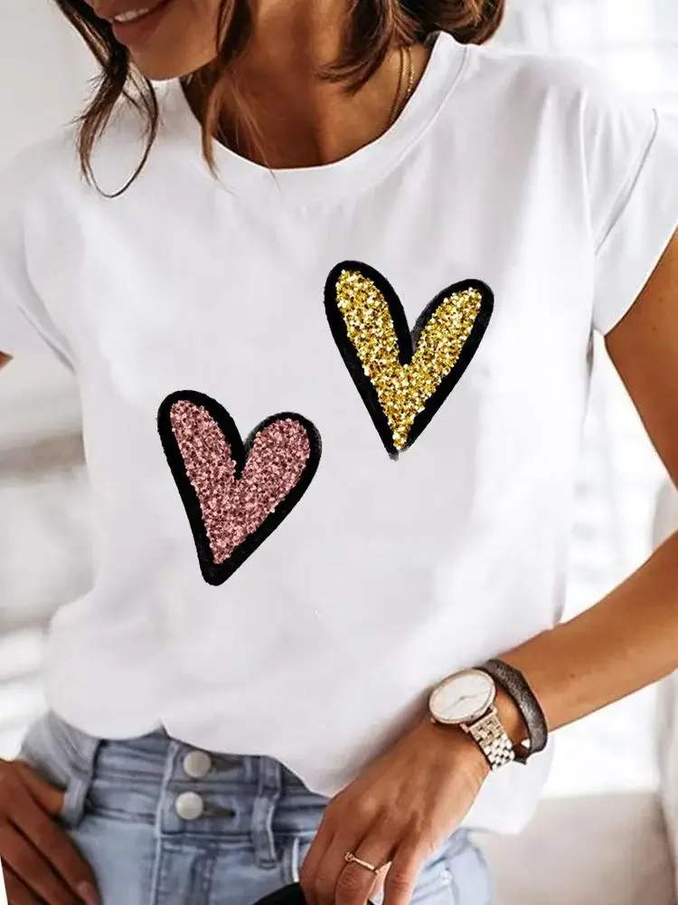 2026 Round-Necked Blouse for Lady Love Pattern Printed, Casual Short-Sleeved Breathable Fresh Yzk Blouse Beautiful Girls T-Shirt