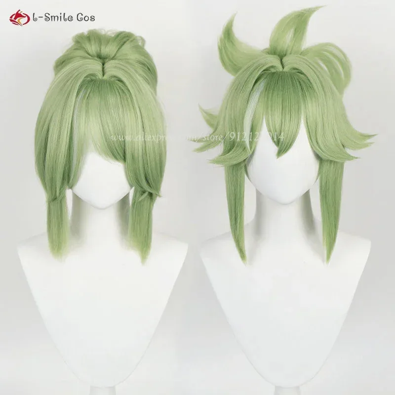 Peluca de Cosplay Kuki Shinobu de 33cm, pelucas cortas de cuero cabelludo verde claro con cola de caballo, pelo sintético resistente al calor, peluca de Anime para fiesta de Halloween