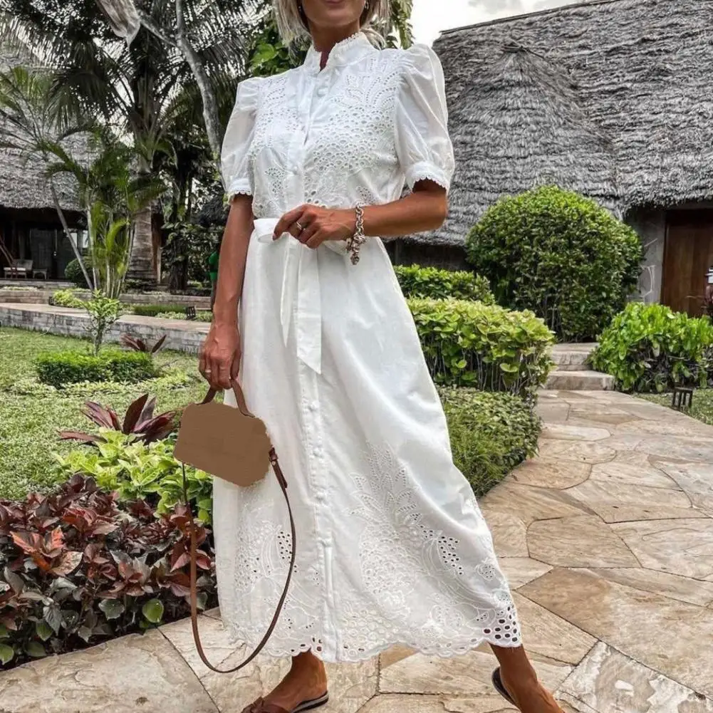 2025 Women Dress Hollow Out Embroidery Single Breasted Large Hem Lace-up Large Hem Maxi Dress Ankle Length Women Beach Sundress