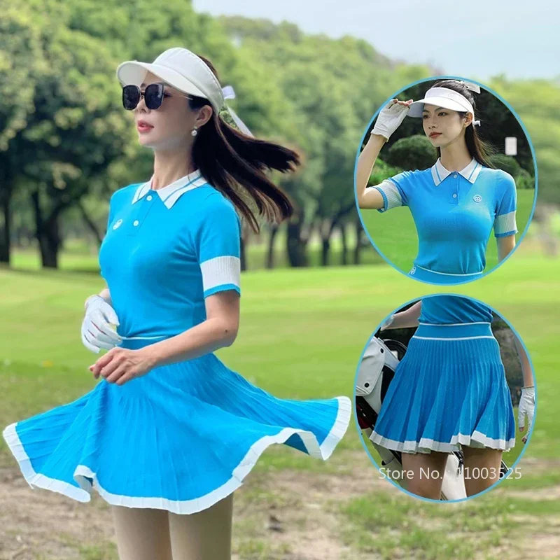 MG Golf Apparel Damska dzianinowa koszulka z krótkim rękawem Letni top sportowy z wysokim stanem Plisowana spódnica Patchwork Golf Skorts Suit