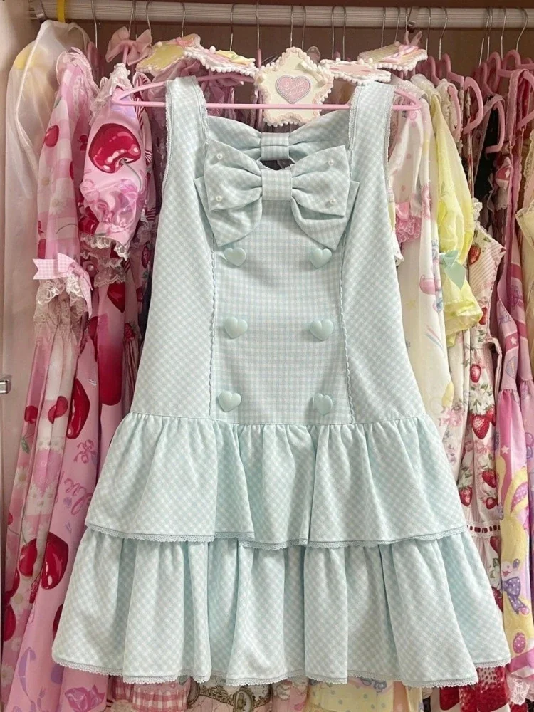 فساتين حلوة لطيفة بدون أكمام للنساء بفيونكة على شكل موجة Y2k فستان جمالي مكشكش بطيات الجرونج Harajuku فساتين بأزرار صغيرة #1