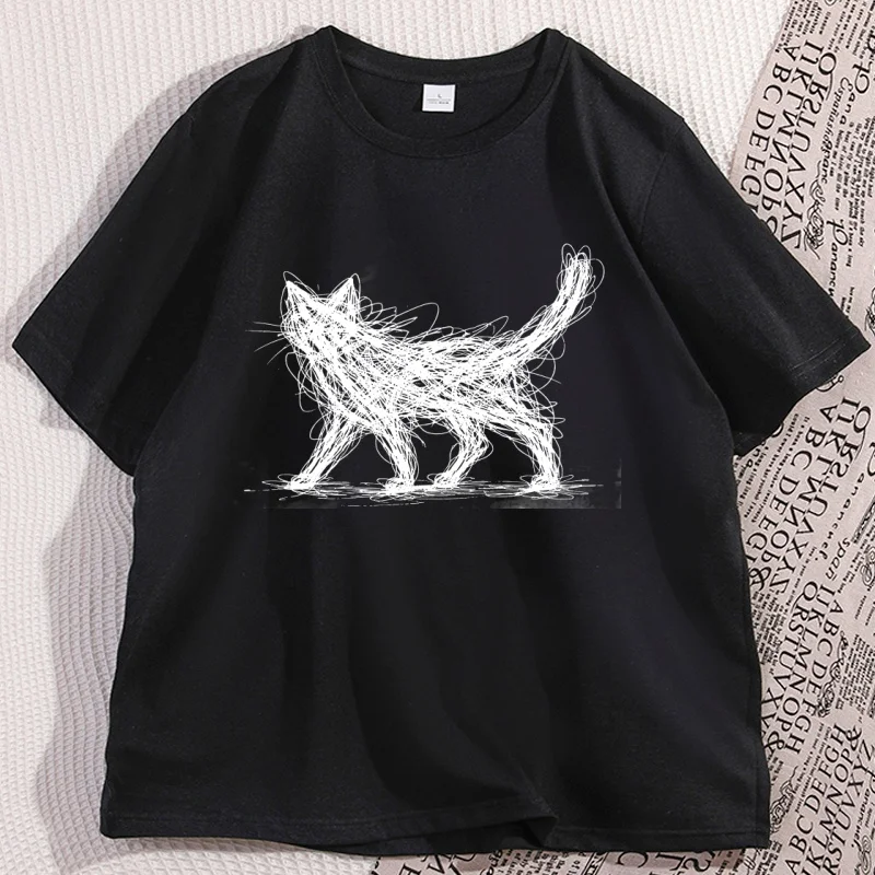 Vintage Cat Line T Shirt Funny Modern Sketch Animal Tee Cat Lover Graphic Tee Elastic Casual Short Sleeve T-shirt Clothes