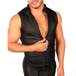 Man Male Tops Vests Leathe M-2XL Mens Nightclub PU Costume Vintage Faux Leather Zip Party Sexy Spandex T-shirt