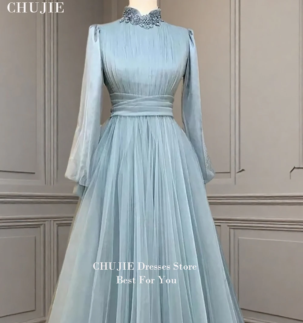 Sukienki wieczorowe muzułmańskie z długim rękawem, z wysokim dekoltem, zdobione aplikacjami z tiulu, skromne, formalne, damskie suknie balowe, stroje dla gości weselnych.