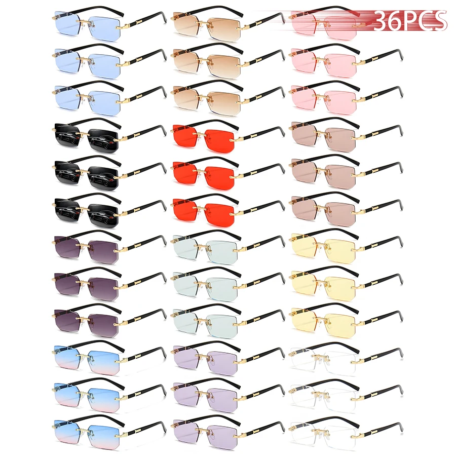 

36 шт., защитные очки унисекс без оправы с прямоугольными градиентными линзами, цветные линзы, металлическая оправа, модные очки для мужчин и женщин