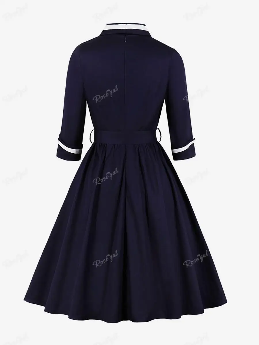 ROSEGAL Plus Size Surplice Zipper Back Vintage Dress With Belt Women Spring Autumn Three Quarter Sleeve V-Neck Sashes Dresses 4X