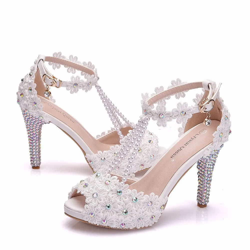 Ladies Elegant Summer Pumps Open Toe Party Lace String Bead PU 10CM Thin Heels Hollow Casual Strap Woman Shoes Dress White