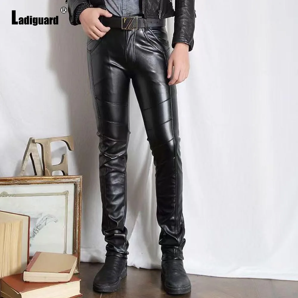 

2025 Mens Rock Style Fashion PU Leather Pants Sexy Night Club Dance Pants Men's Glossy Faux Leather Slim Motorcycle Trousers New