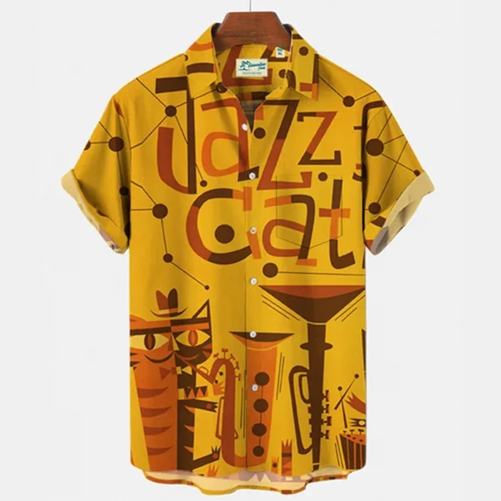 

2024 Music Summer Trend Retro Men's Shirt Hawaiian 3D Printed Musical Instrument Casual Short Sleeve Loose Breathable Tops