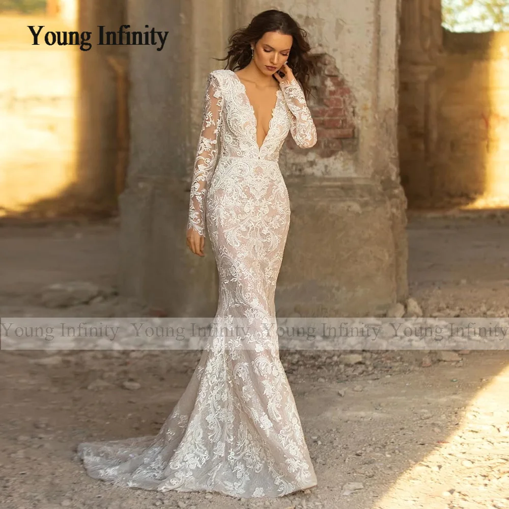 Luxury Mermaid Lace Wedding Dress 2024 Long Sleeves Bridal Gown Deep V Neck Sweep Train Keyhole Back Woman Formal Party Wear