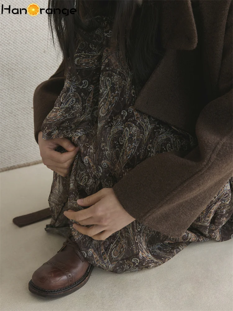 Hanorange 2026 início da primavera vintage cintura alta paisley padrão saia dobrada grande balanço a linha saia longa café/azul