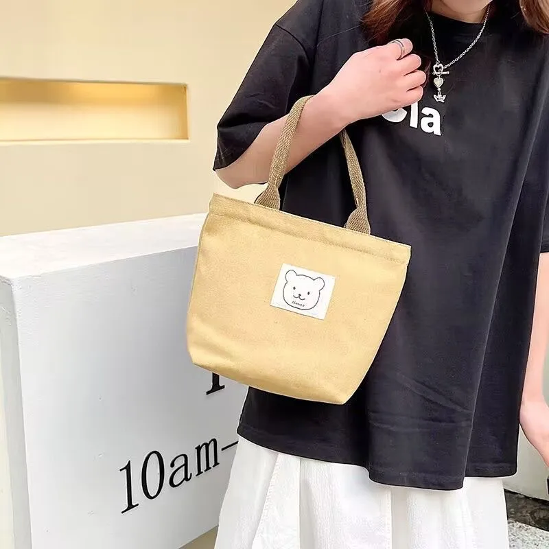 Monochrome Bear Print Zipper Canvas Bag, Tote Bag, Daily Necessities, Cosmetics Storage, Bento,Portable Storage Bag, 1Pcs