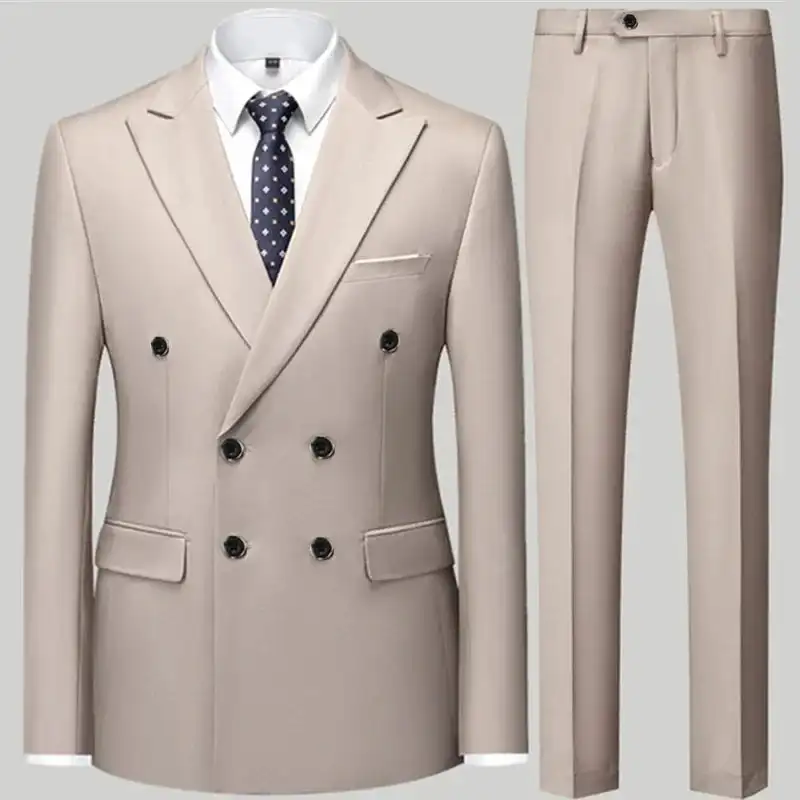 

2 Piece Business Suit Set for Men Double Breasted Jacket with Trousers Slim Fit Coat Classic Solid Color Pantsuits