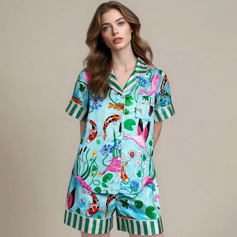 

2Pcs Cartoon Cute Women's Pajamas Lapel Shirt Top Loose Shorts Suit Fashion Printing Homewear Ladies Casual Sleepwear Set