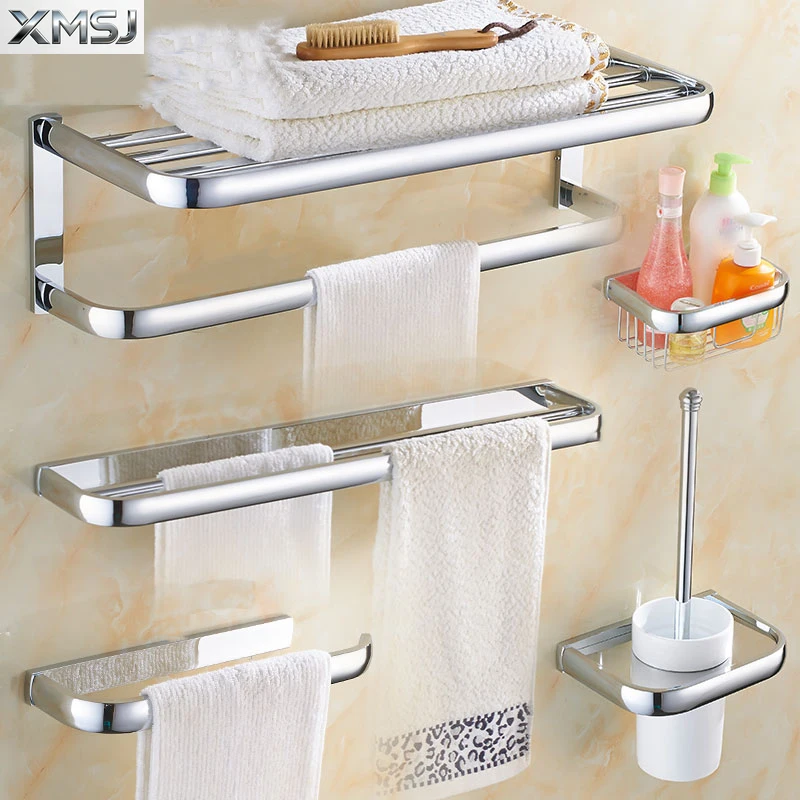 

Wall Mounted Bathroom Hardware Set Chrome Polished Toothbrush Holder Paper Holder Towel Bar Bathroom Accessories