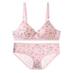 Kawaii Hello Kitty Lingerie Set Cartoon Bra Briefs Women Underwear Soft Comfortable Breathable Wireless Push Up Bra Girl Panties