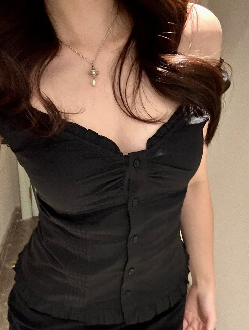 American Retro Ruffle V-ne Bubble Sve irt Afslankende Veelzijdige Dames Top Brandy Girl Sweet Sle ort Sve Button C...