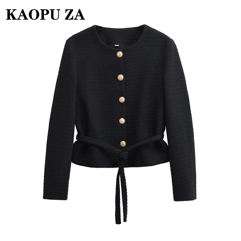 KAOPU ZA Autunno 2024 delle Nuove Donne Casual Cardigan Lavorato A Maglia Abbigliamento Donna Cappotto Vintage O-Colletto A Maniche Lunghe Giacca di Pizzo Nero Top