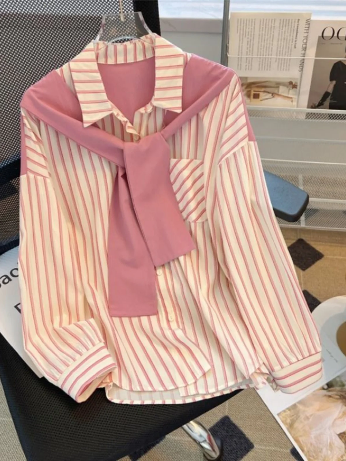 

Korean Style Long Sleeve Stripe Shirt Women's Loose Fit Shoulder Drape Shirt Conceal Meat Slimming Trendy Autumn New Arrival