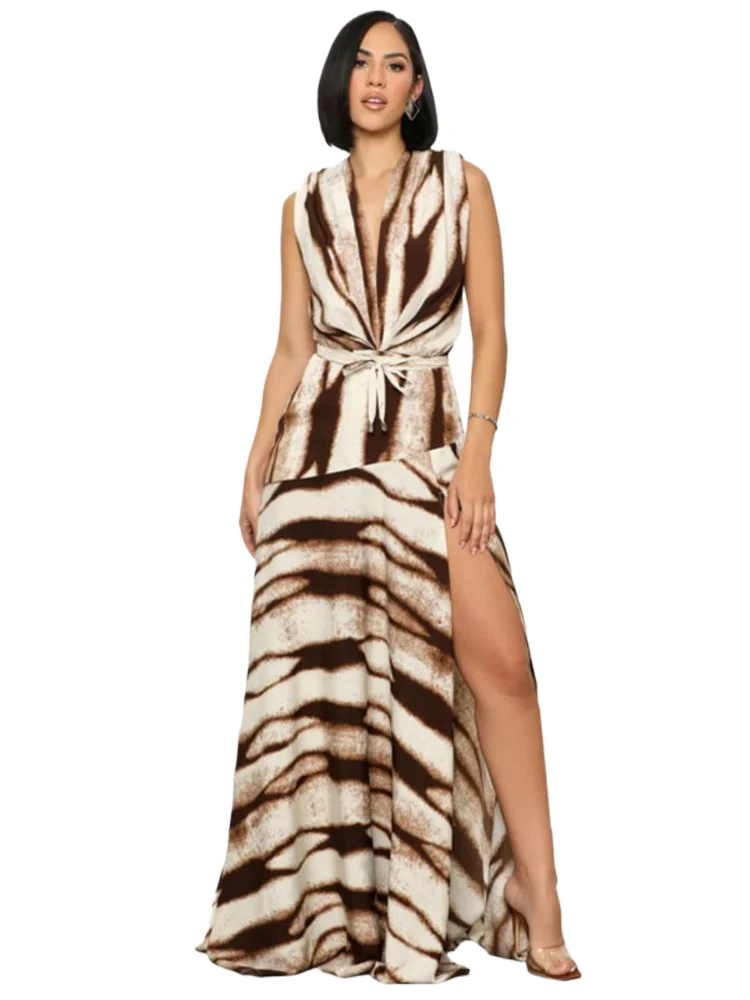 

Women Sexy V-neck Printed Long Dress Fashion Elegant Vintage Lace-up Striped Slit Dresses 2025 Summer Sleeveless Slim Vestidos