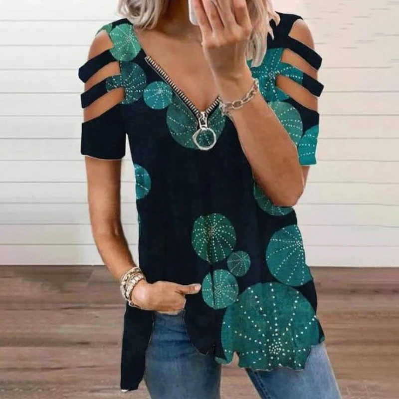 Camiseta de gran tamaño con estampado Floral para mujer, Top informal elegante con cremallera y cuello en V, ropa Sexy de talla grande para mujer 2022