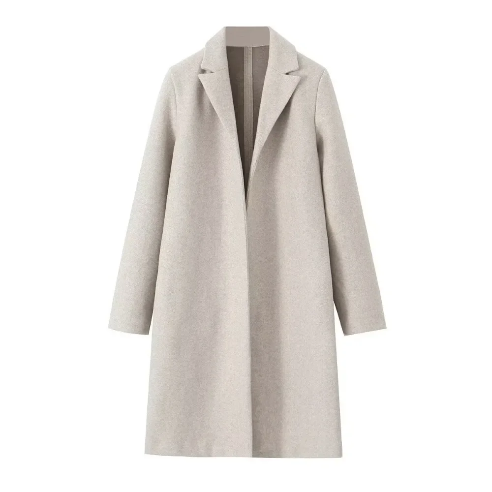 Women Autumn and Winter Fashion Solid Open Stitch Long Trench Coats Vintage V-Neck Full Sleeves Chic Lady Woolen Coat