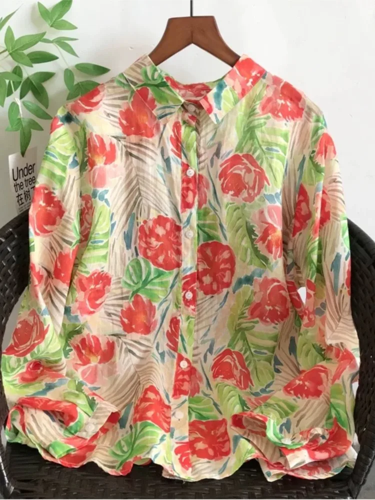 オーバーサイズ秋服女性用花柄プリントファッションカジュアルレディースブラウスゆったり長袖女性用シャツ