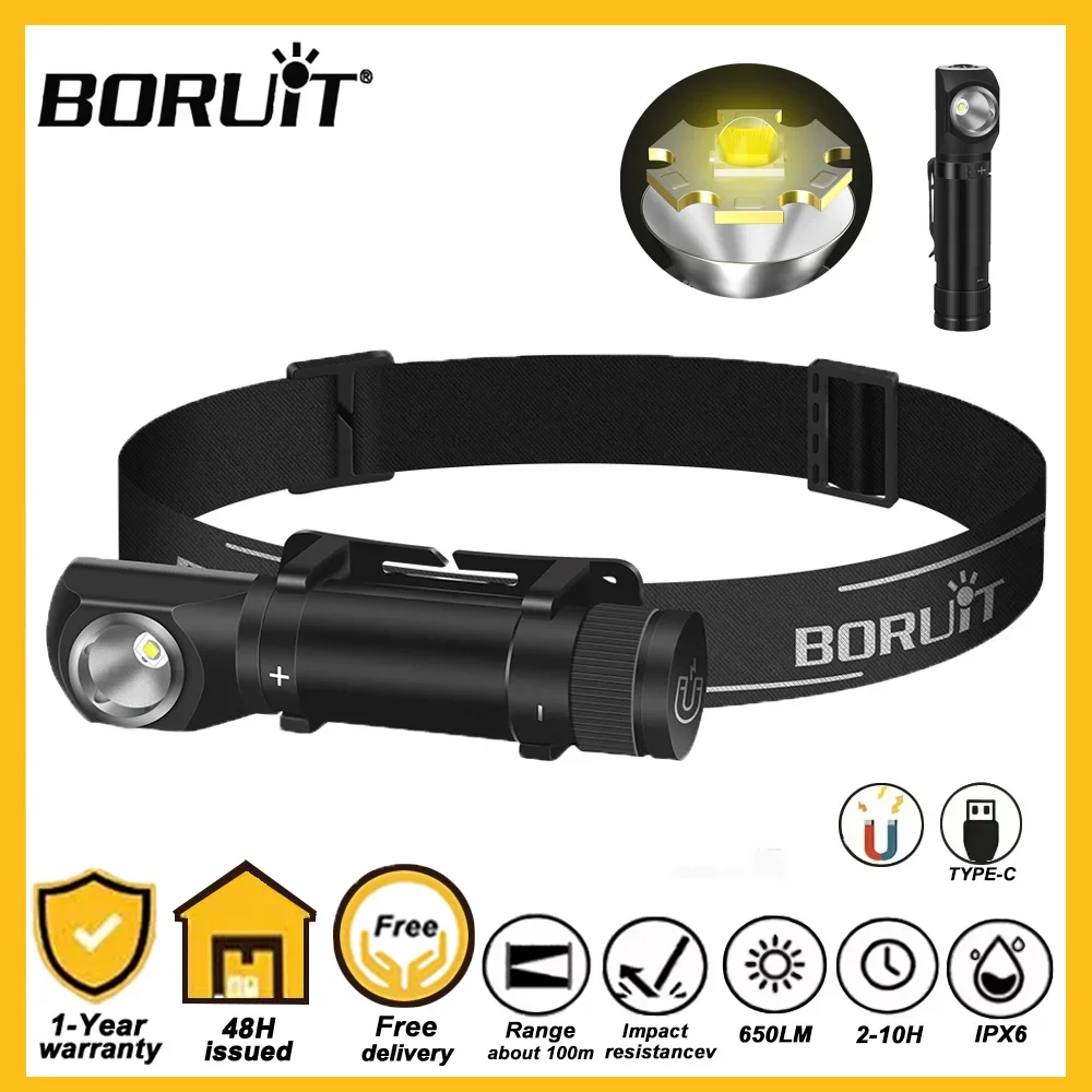 BORUIT HP100 LED Headlamp Type C Rechargeable 18650 Flashlight EDC Headlight  Outdoor Head Torch Camping Hunting Fishing Lantern