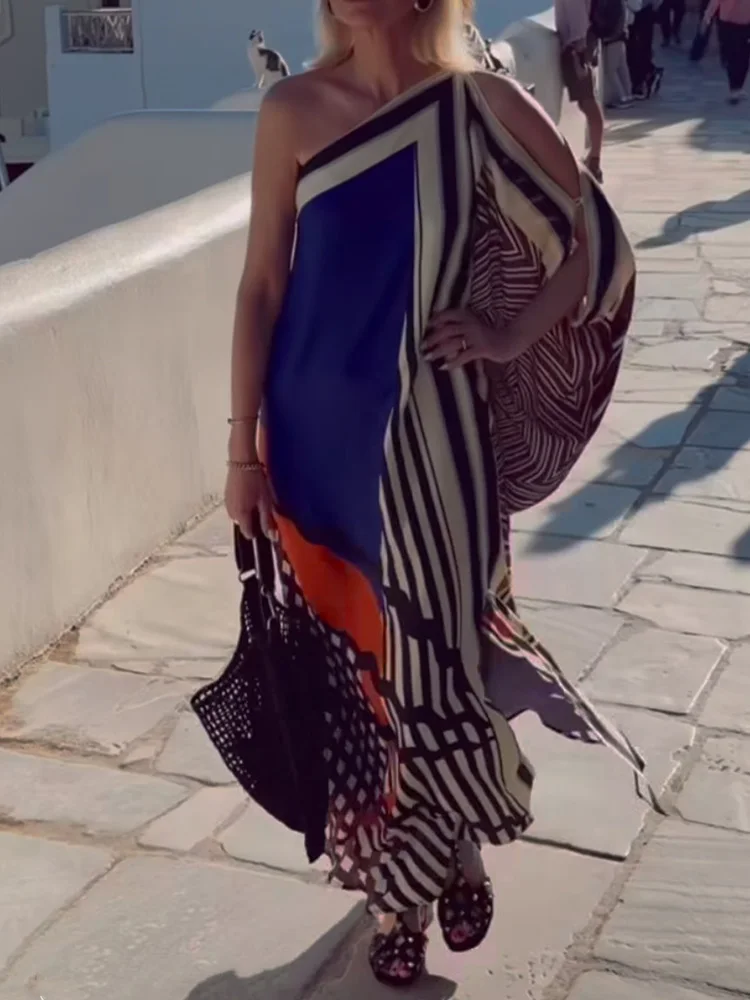 Patchwork Inclined shoulder Fashion Party Dress, Women Summer Beach Elegant Maxi Dress, 2026 Casual Diagonal Collar Ladies Dress