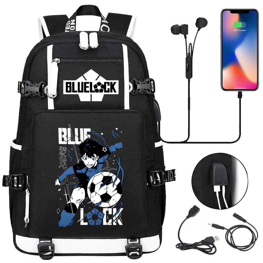 أنيمي الأزرق قفل حقيبة الظهر SEISHIRO ناجي يطبع منفذ USB المراهقين حقيبة كمبيوتر محمول سعة كبيرة الحقائب المدرسية الرجال حقيبة السفر