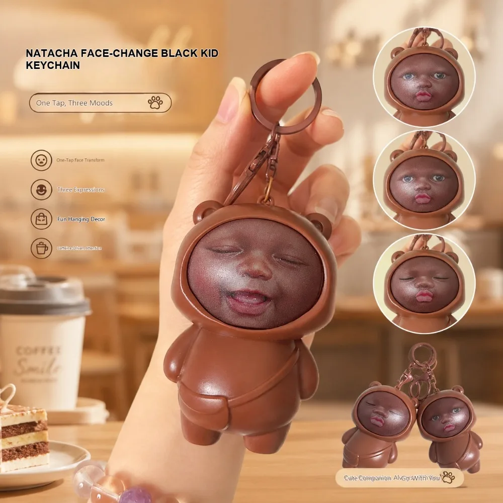 Face Changing Keychain Three Expression Brown Doll One Touch Interactive Bag Charm for Backpack Purse Birthday Gift for Friends