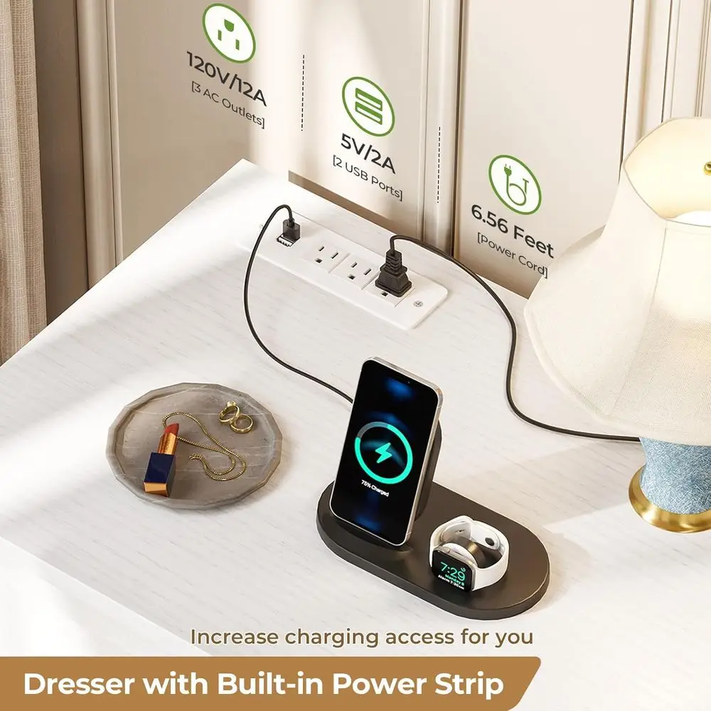 Duża komoda z 51,2 cm szerokością, 9 szufladami, stacją ładującą, szerokim szufladnikiem, drewnianym organizerem do przechowywania do sypialni.