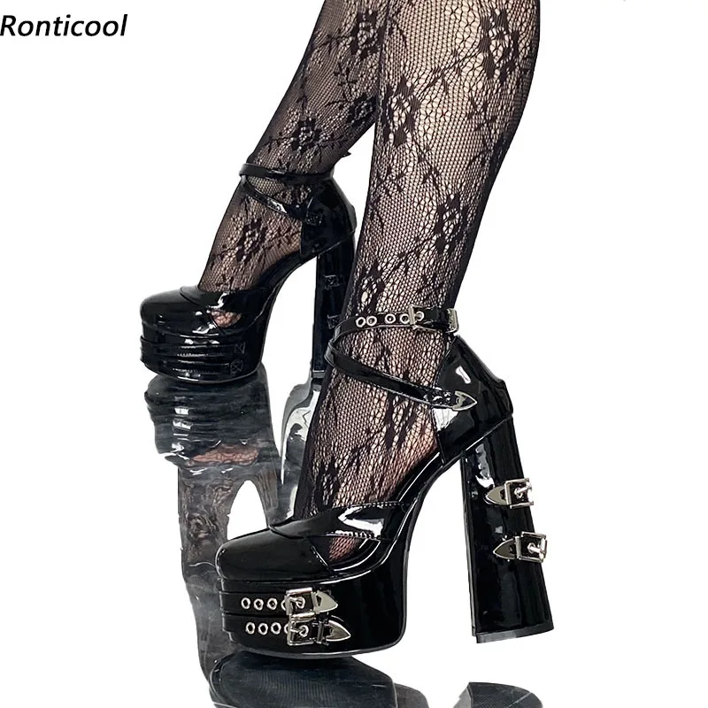

Ronticool Women Punk Pumps Patent Leather Buckle Strap Chunky Heels Round Toe Elegant Black Street Shoes Ladies US Size 5-20