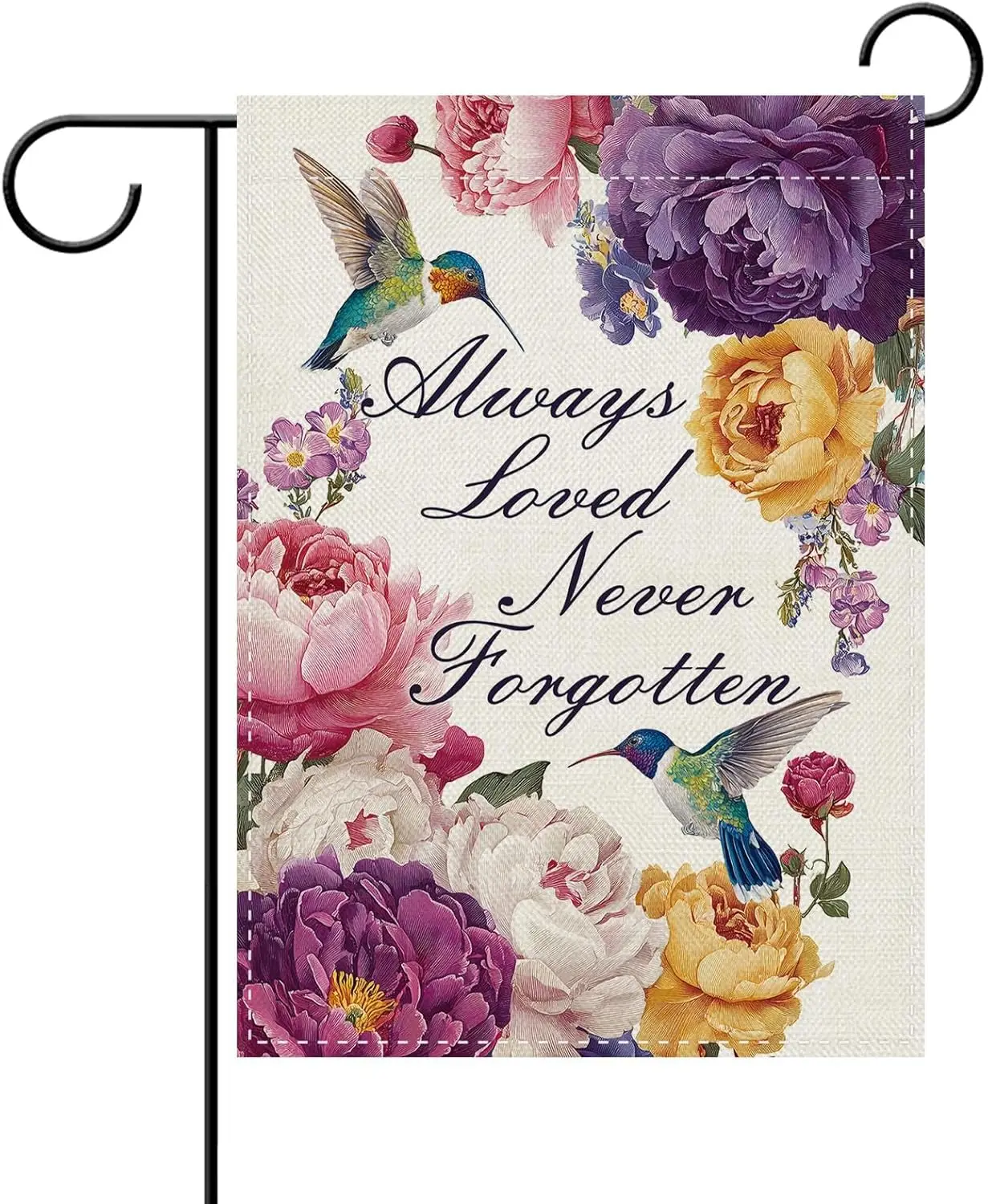 Dyrenson Always Loved Never Forgotten Memorial Decorative Garden Flag, Spring Summer Hummingbird Peony Flower Yard Outside H PPM