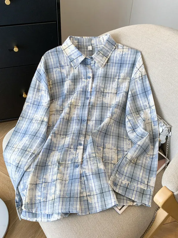 

Loose Long Sleeve Blue Plaid Women's Shirt Korean Style Commute Fashion Lazy Style Open Cardigan Outerwear for Early Spring A...