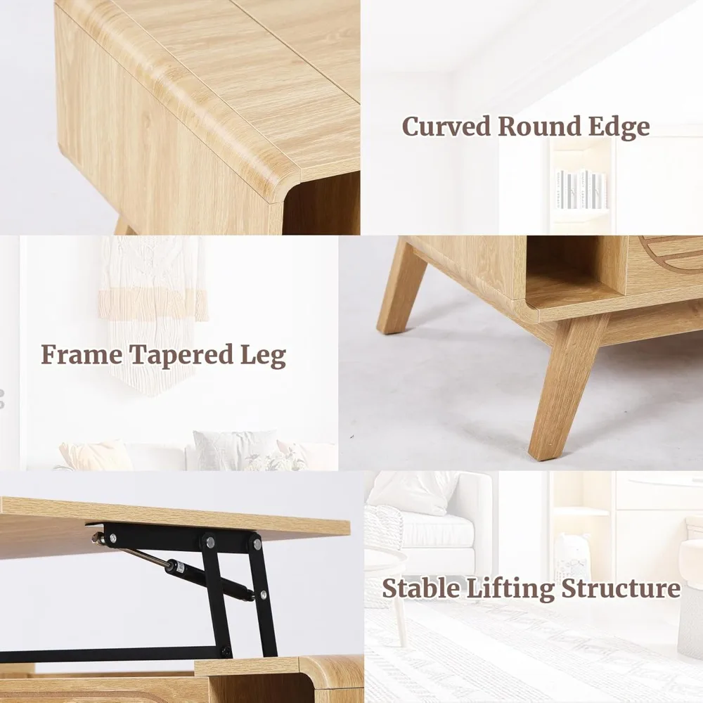 Small Lift Top Coffee Table with Hidden Compartment, Mid Century Modern Curved Coffee Table with Storage Shelf, Wooden Rectangle