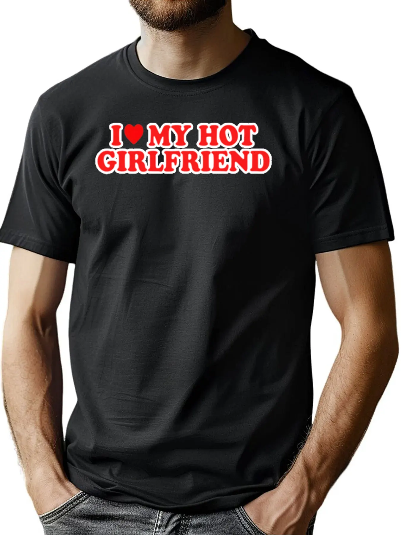 

Men's Premium Cotton Blend I Love My Hot Girlfriend Print Crew Neck Tee Skin-Friendly Classic Fit Machine Washable Christmas Pre