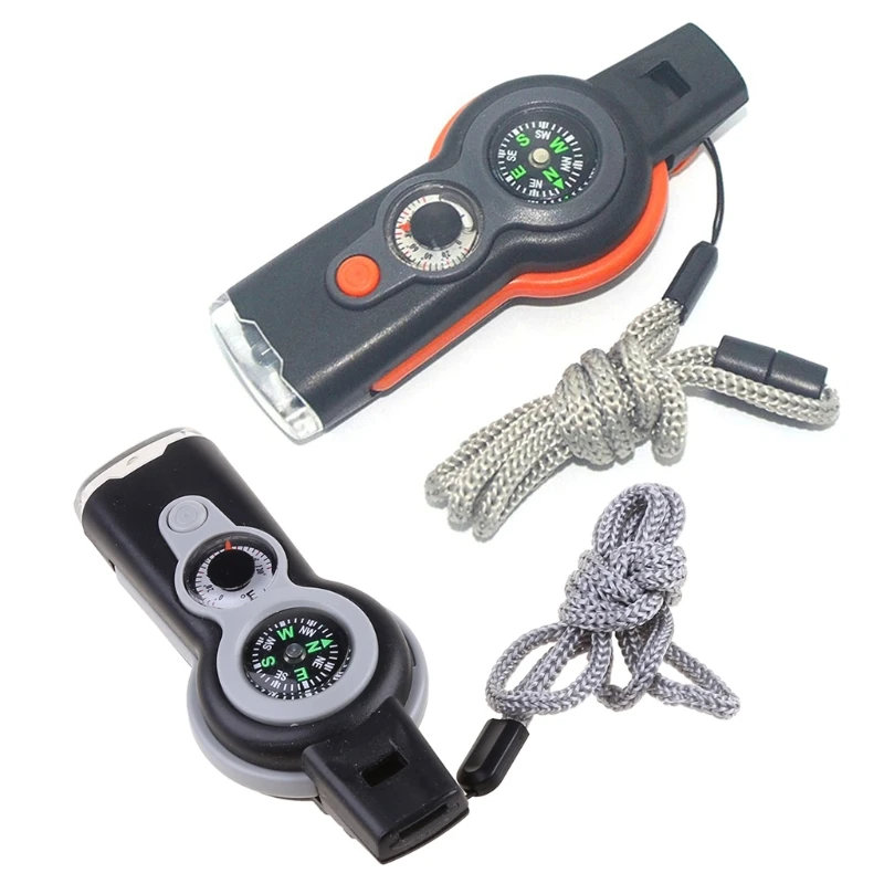 7 In 1 Survival Whistle with Lanyard LED Light Thermometer Compass Multifunctional Whistle for Outdoors Hiking Camping