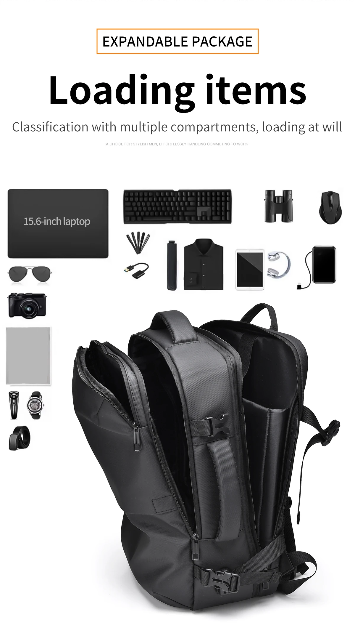 Large-Capacity Backpack with Expandable Design and USB Charging for Men 15.6-inch laptop backpacks school bags Travel sac à dos