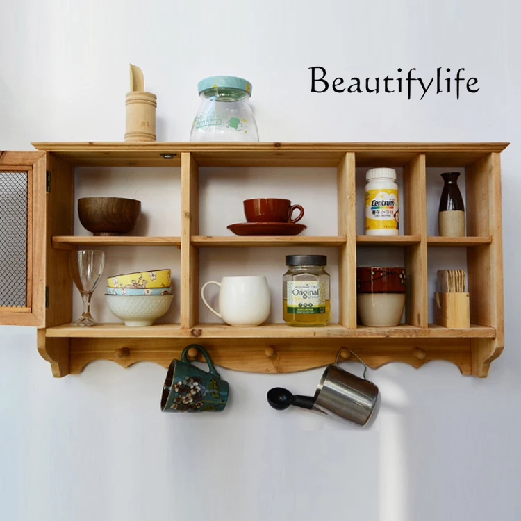 

Solid wood retro storage wall rack cup tea set table edge shelf wall decoration creative wall hanging hanging cabinet