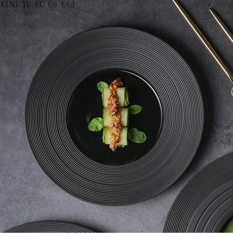 Ceramic Plate Dinner Plates Creative Round Black Frosted Steak Plate Household Tableware Display Plate Kitchen, Dining & Bar