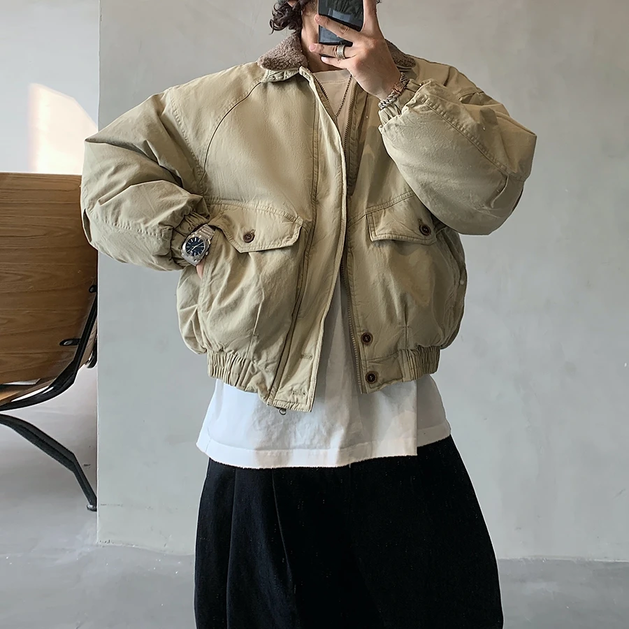 Mens American Vintage Heavyweight Winter Jacket Short Thick Padding Lapel Collar Streetwear Trendy Korean Thermal Warm Coat Male