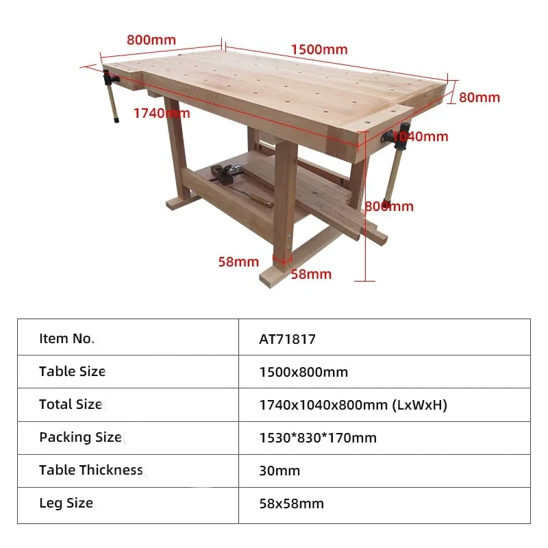 Import Beech Woodworking Workshop Laboratory Tool Solid Wood Handmade Table Multi-function Operation Table Woodworking 4 Table