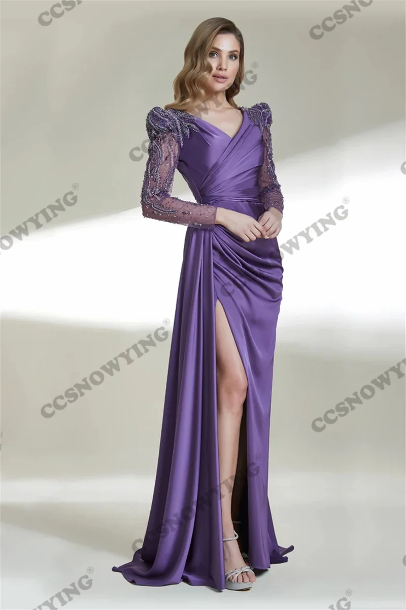 

Satin Appliques Beaded with Slit Prom Dresses Long Sleeve Double V Neck Formal Evening Party Gown Women Robes De Soirée