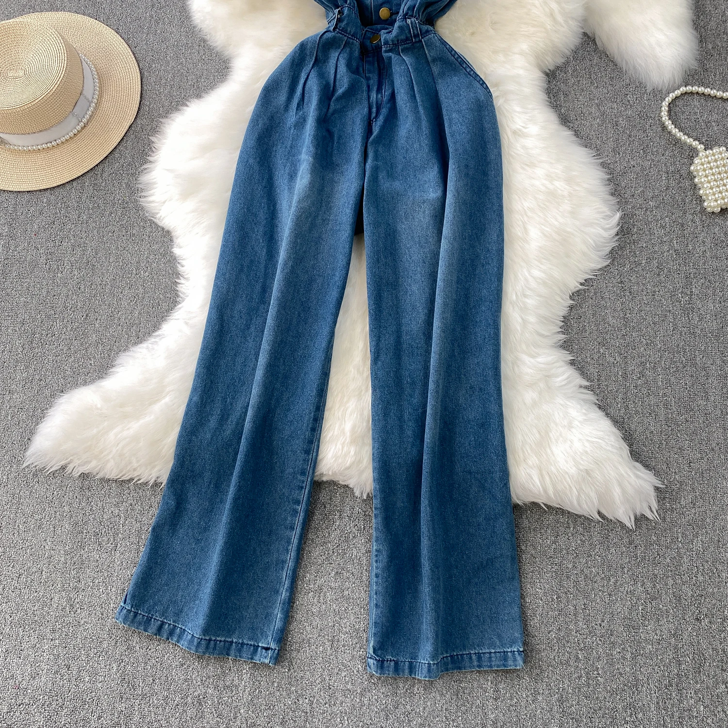 Tuta di jeans senza maniche da donna Estate Nuovi pagliaccetti a gamba dritta a gamba larga dimagranti a vita alta