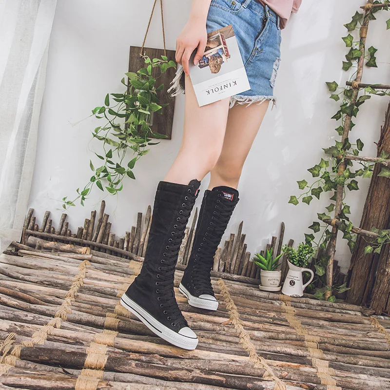 Spring Autumn Women Shoes Canvas Casual High Top Shoes Long Boots Lace-Up Zipper Comfortable Flat Boots Sneakers 34-43